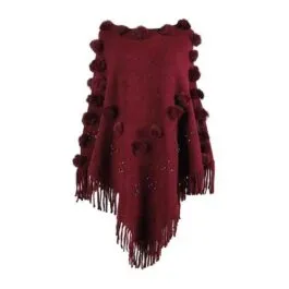 Women’s Cotton Poncho with Pompoms