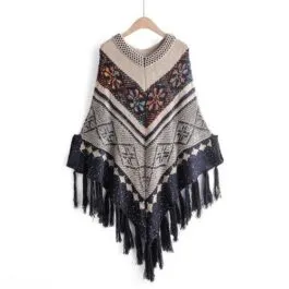 Ethnic Women’s Poncho with Pompoms