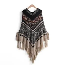 Ethnic Women’s Poncho with Pompoms
