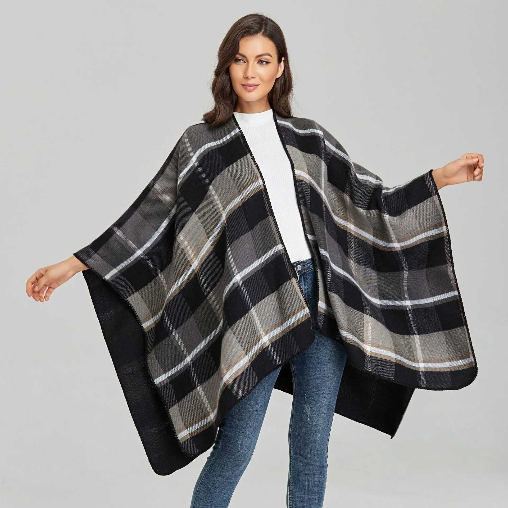 Women's Check Poncho Black & Gray