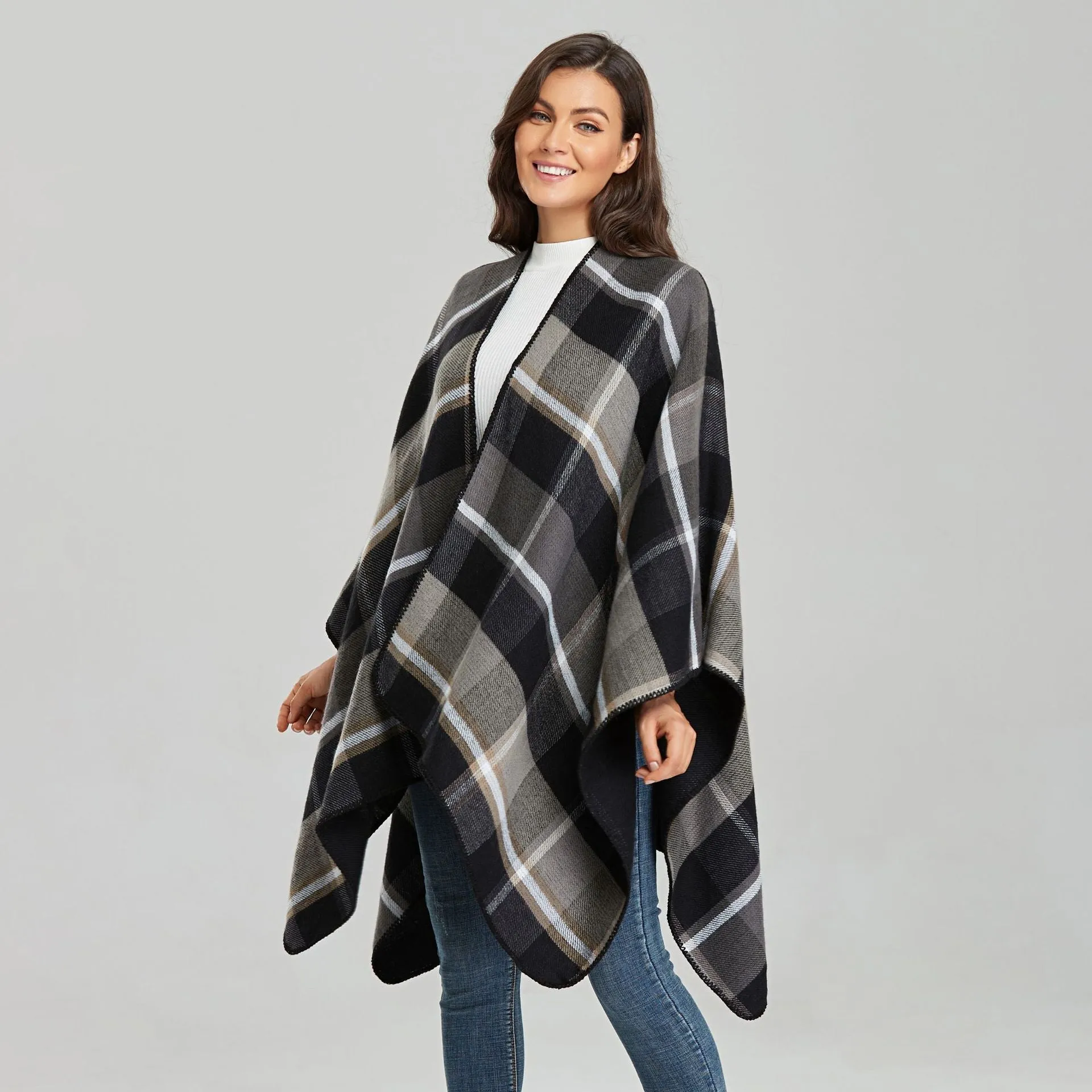 Women's Check Poncho Black & Gray