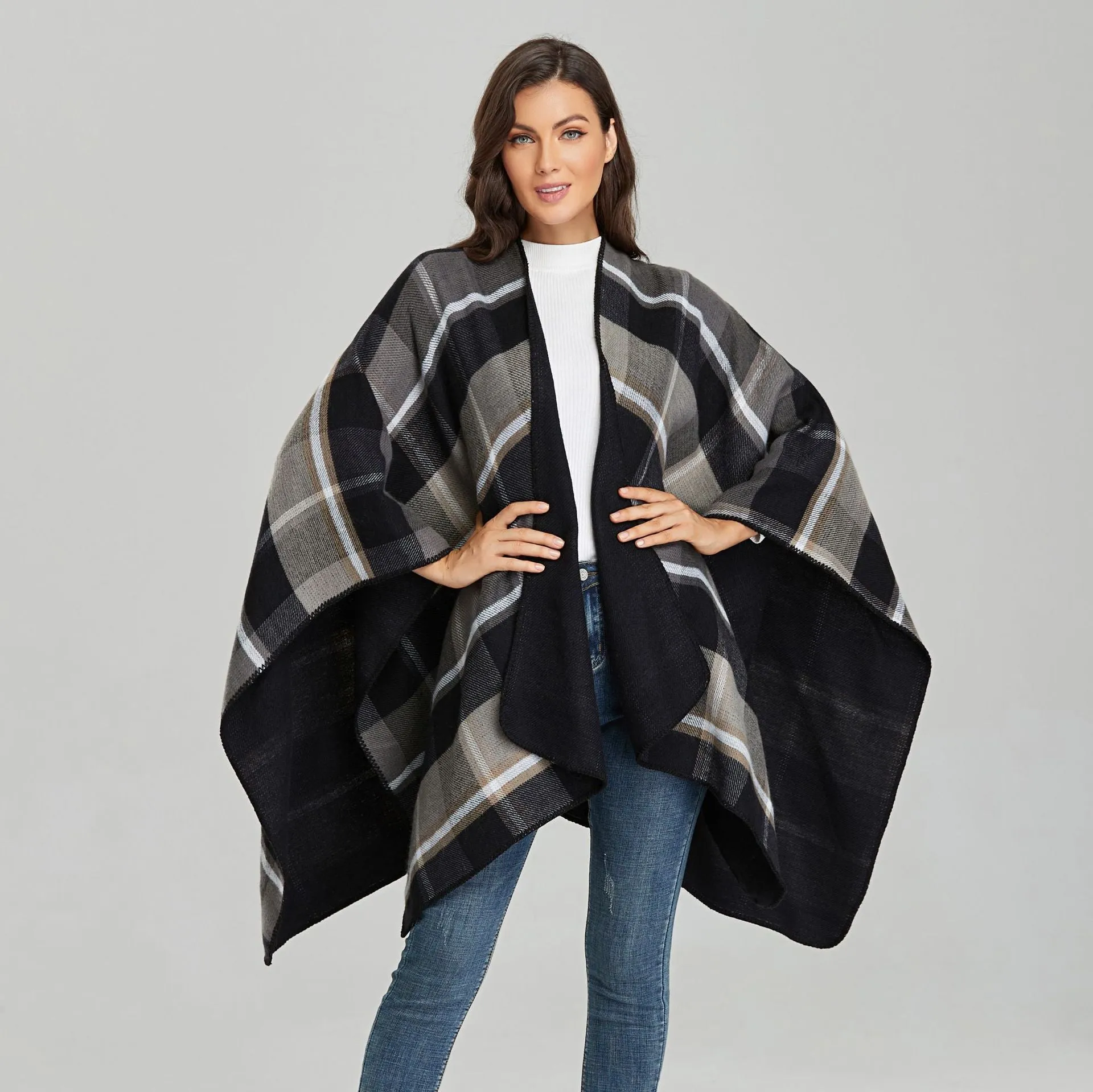 Women's Check Poncho Black & Gray