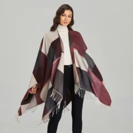Women’s Burgundy Check Poncho