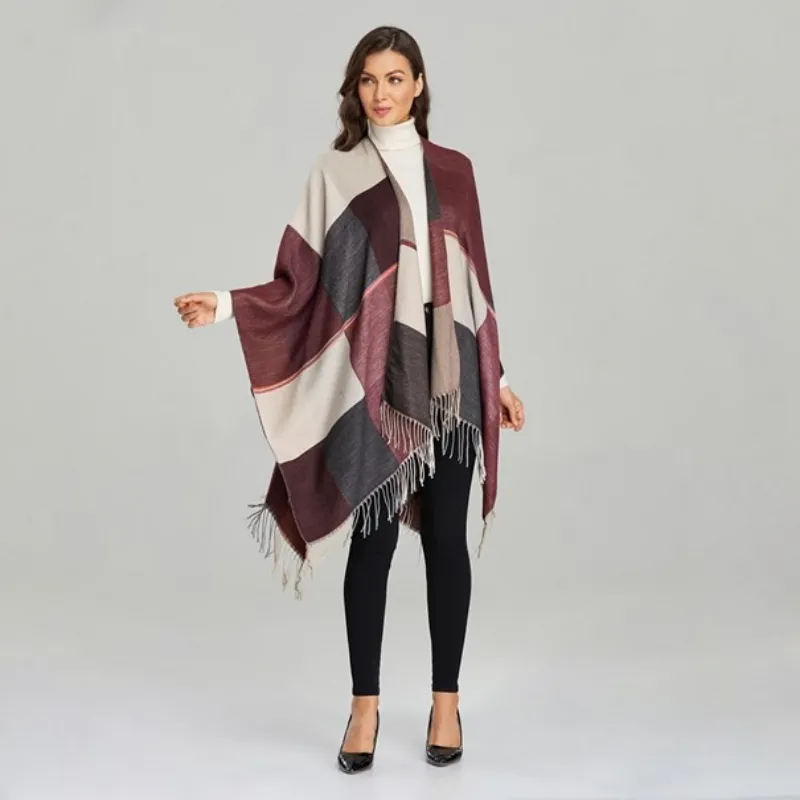 Women's Burgundy Check Poncho