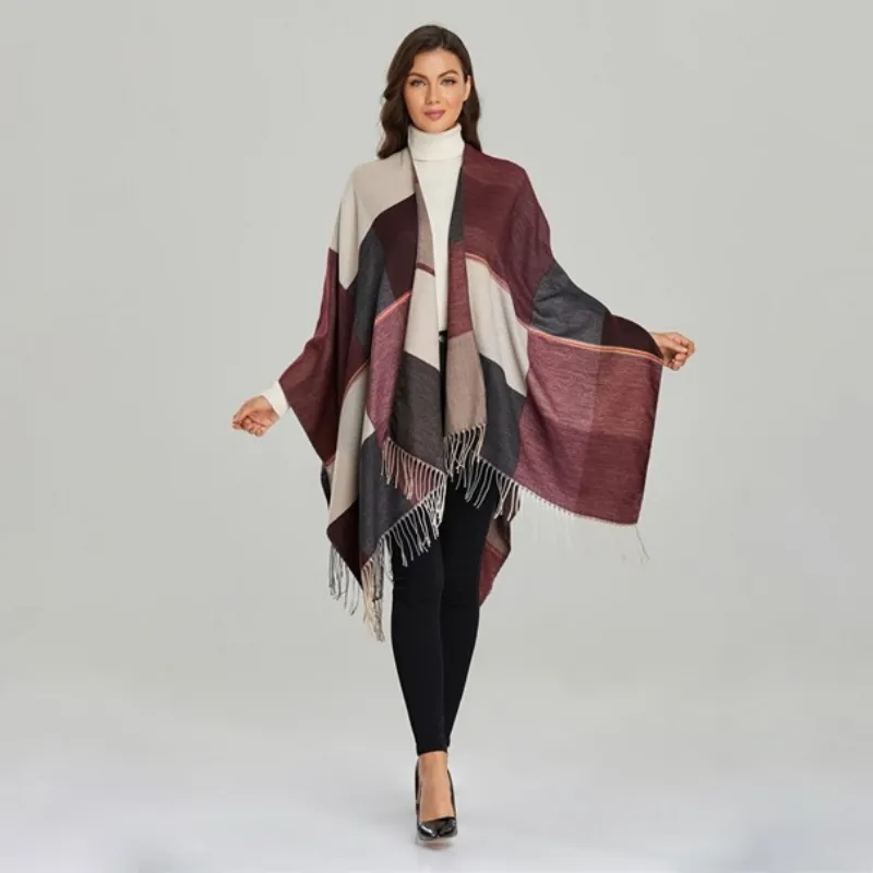Women's Burgundy Check Poncho