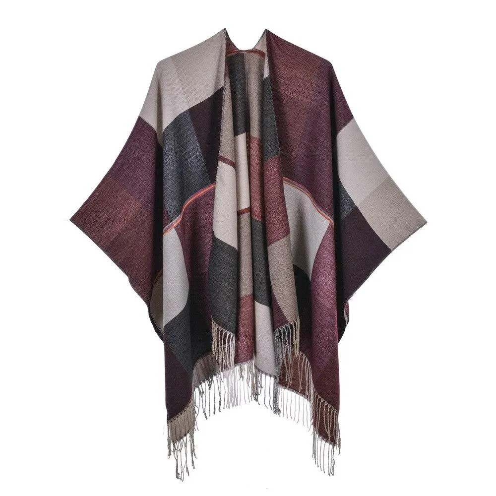 Women's Burgundy Check Poncho