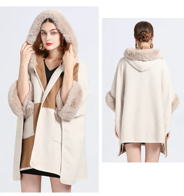 Brown and White Fur Hooded Poncho