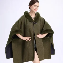 Green Poncho with Fur Collar
