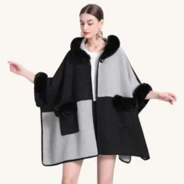 Gray and White Fur Hooded Poncho