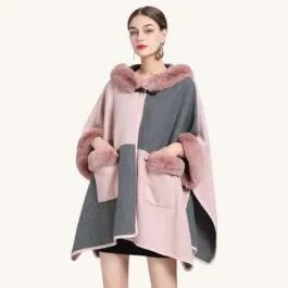 Gray and Pink Fur Hooded Poncho