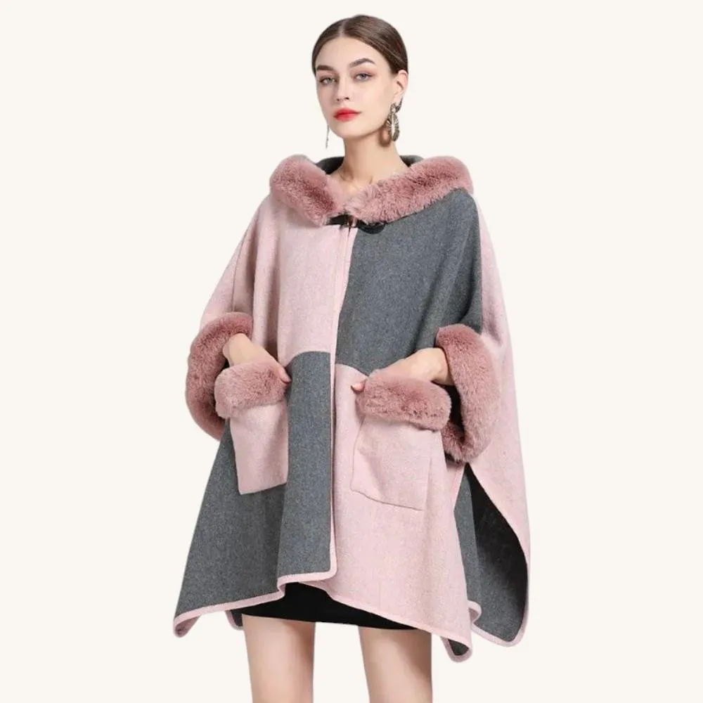 Gray and Pink Fur Hooded Poncho