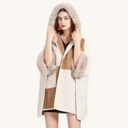 Brown and White Fur Hooded Poncho