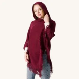 Burgundy Fringed Hooded Poncho