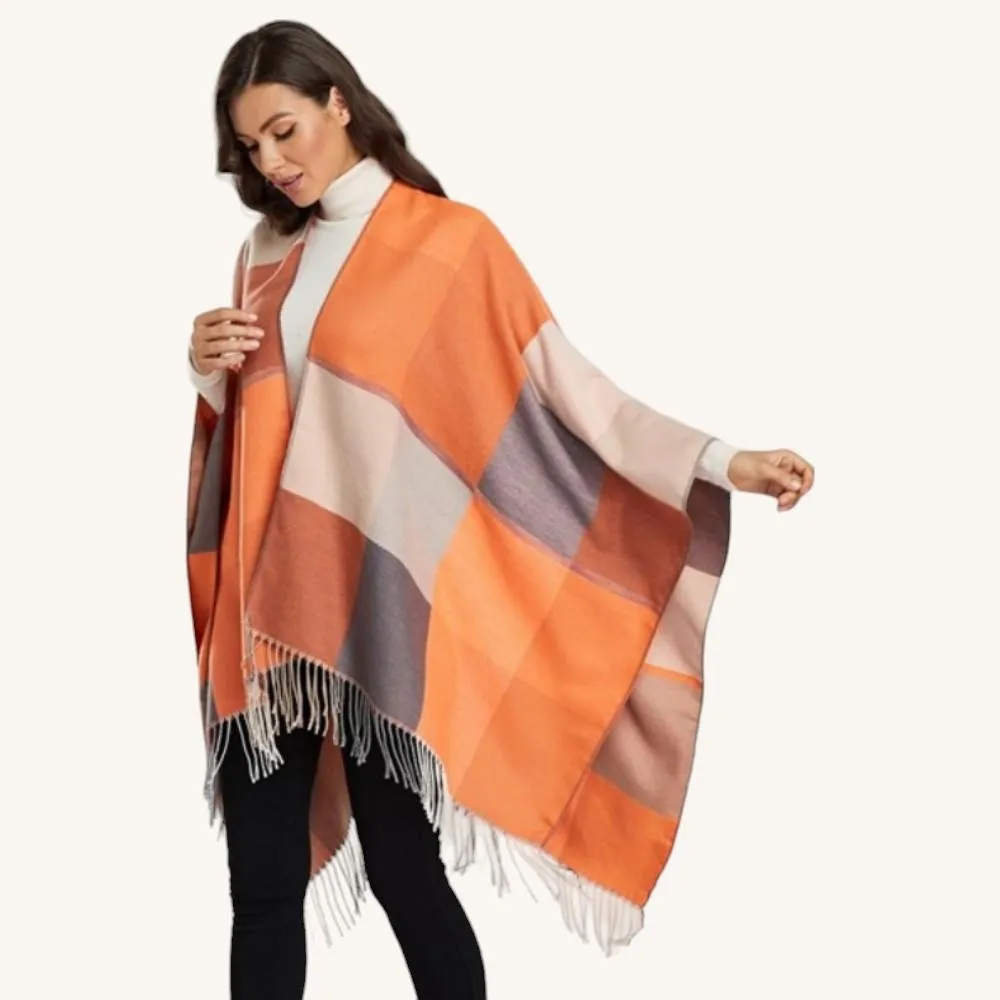Women's Orange Checked Poncho