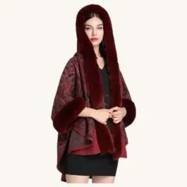 Poncho with Burgundy Fur Hood