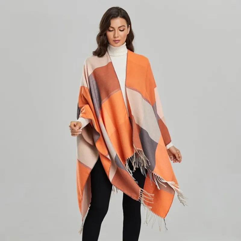 Women's Orange Checked Poncho