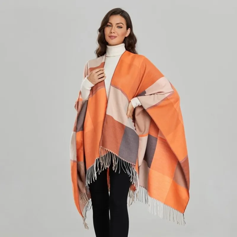 Women's Orange Checked Poncho