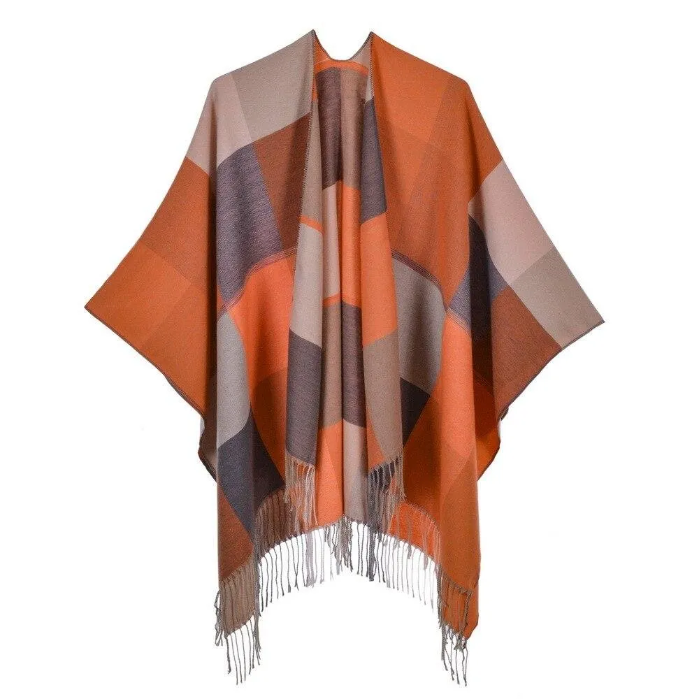 Women's Orange Checked Poncho